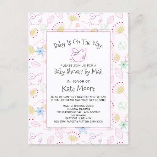 Whimsical Baby Shower By Mail Little Bird Floral Invitation Postcard