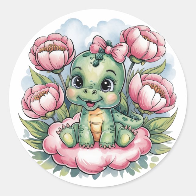 Whimsical Baby Shower Dino Delight Classic Round Sticker (Front)