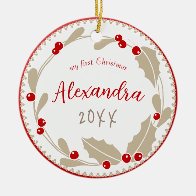 Whimsical Baby's First Christmas Photo | Red Beige Ceramic Ornament (Front)
