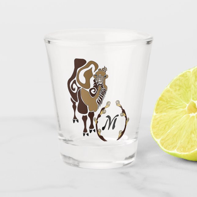 Whimsical Bactrian Camel Monogram Shot Glass (Front)