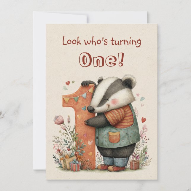 Whimsical Badger First Birthday One Year Old Flat Card (Front)