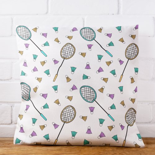 Whimsical Badminton Hand_Drawn Racquets Birdies Throw Pillow
