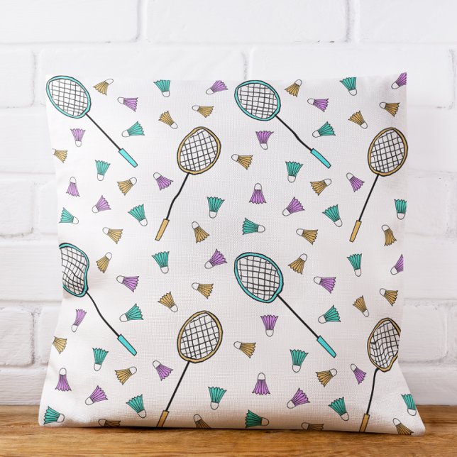 Whimsical Badminton Hand-Drawn Racquets Birdies Throw Pillow (Hand-drawn rackets and shuttlecocks bring that breezy badminton vibe indoors.)