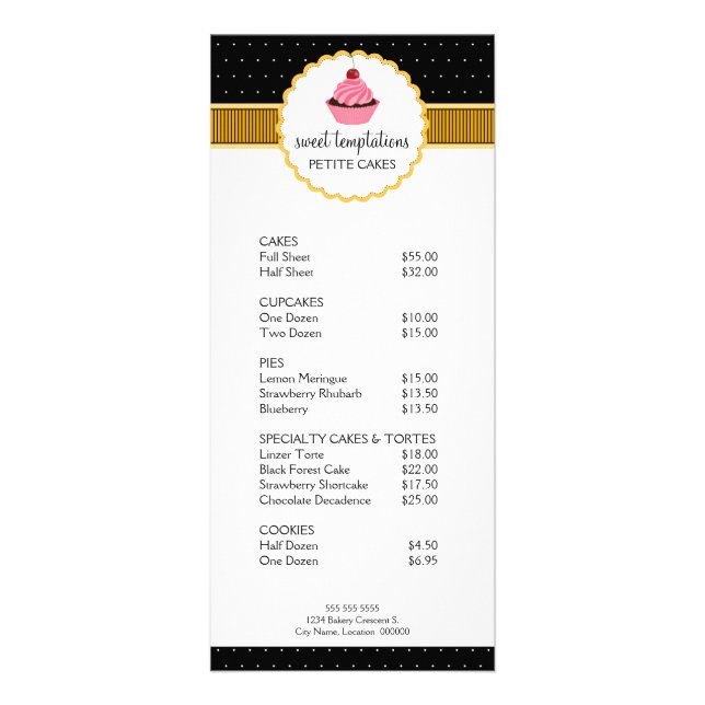 Whimsical Bakery Cupcake Yellow Price List Rack Card (Front)