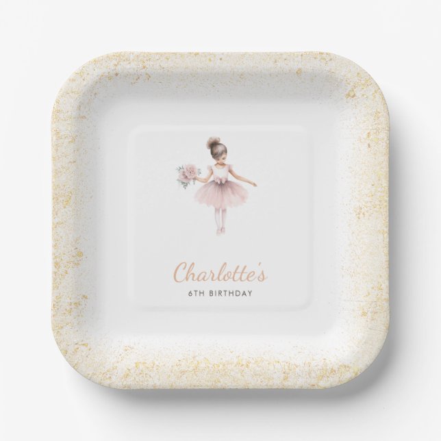 Whimsical Ballerina Birthday Girl Pink Floral Paper Plates (Front)