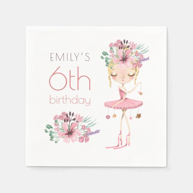 Whimsical Ballerina Floral 6th Birthday Party Girl Napkins (Front)