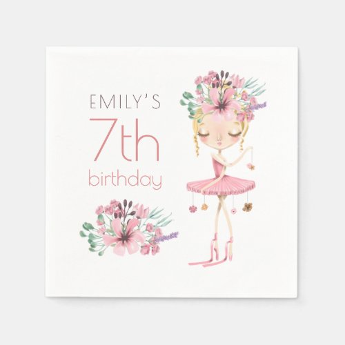 Whimsical Ballerina Floral 7th Birthday Party Girl Napkins