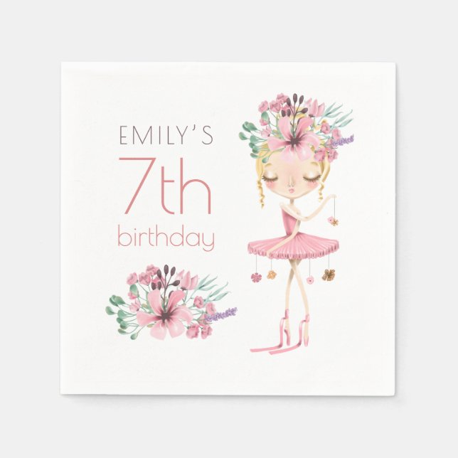 Whimsical Ballerina Floral 7th Birthday Party Girl Napkins (Front)