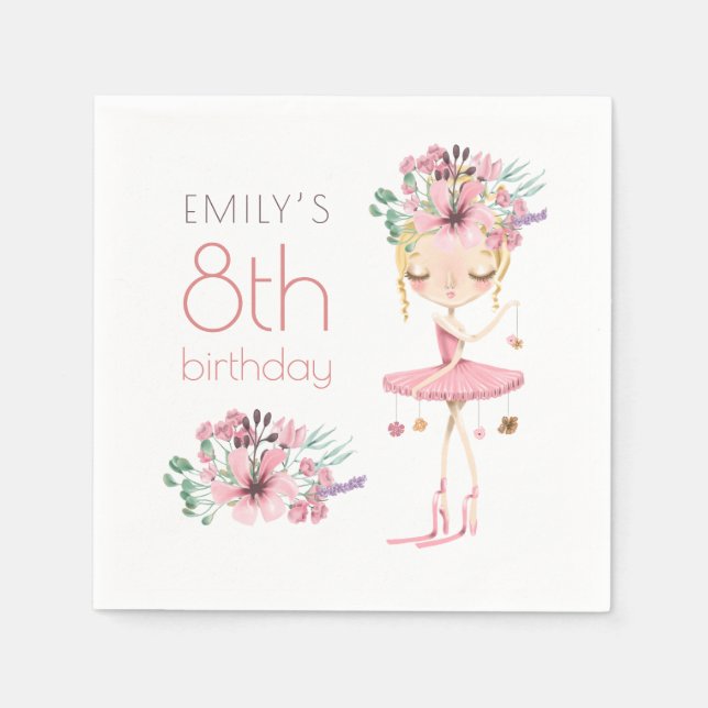 Whimsical Ballerina Floral 8th Birthday Party Girl Napkins (Front)