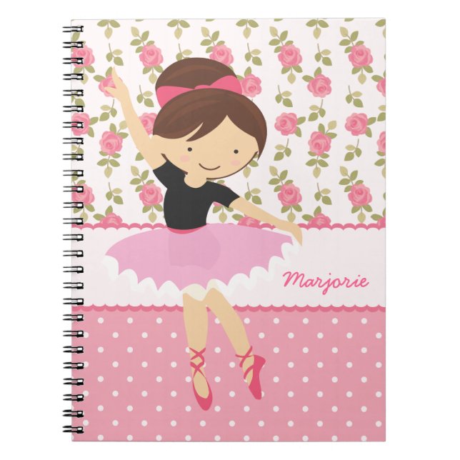 Whimsical Ballerina Floral Pink Girly Personalized Notebook (Front)