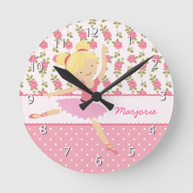 Whimsical Ballerina Floral Pink Girly Personalized Round Clock (Front)
