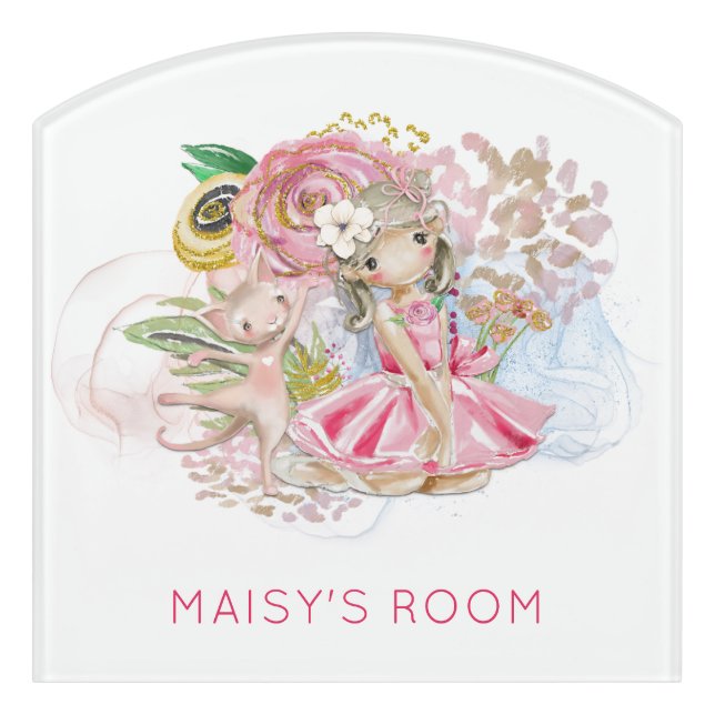 Whimsical Ballerina Florals Cat Pink Name Door Sign (Contour Front)