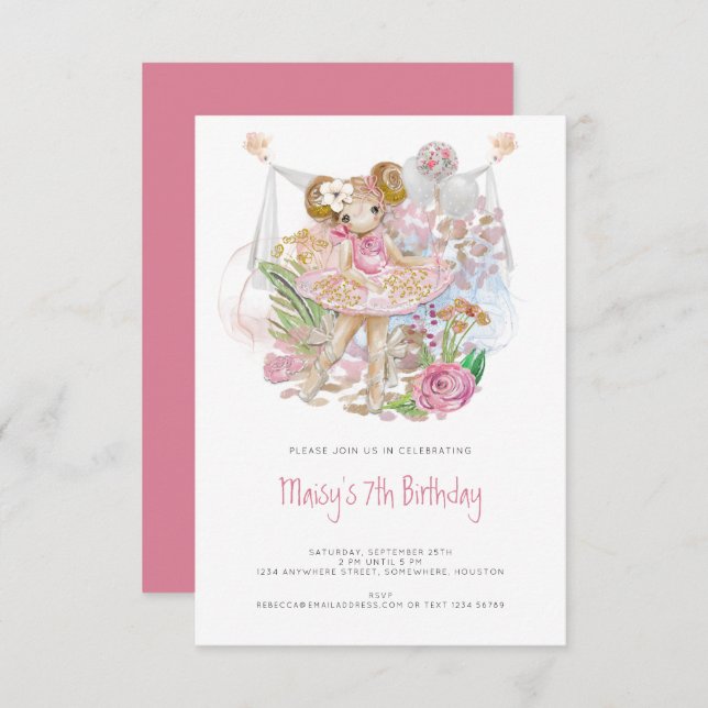 Whimsical Ballerina Pink Girl 7th Birthday Party Invitation (Front/Back)