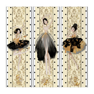 Whimsical Ballerinas in Gold & Black - Triptych