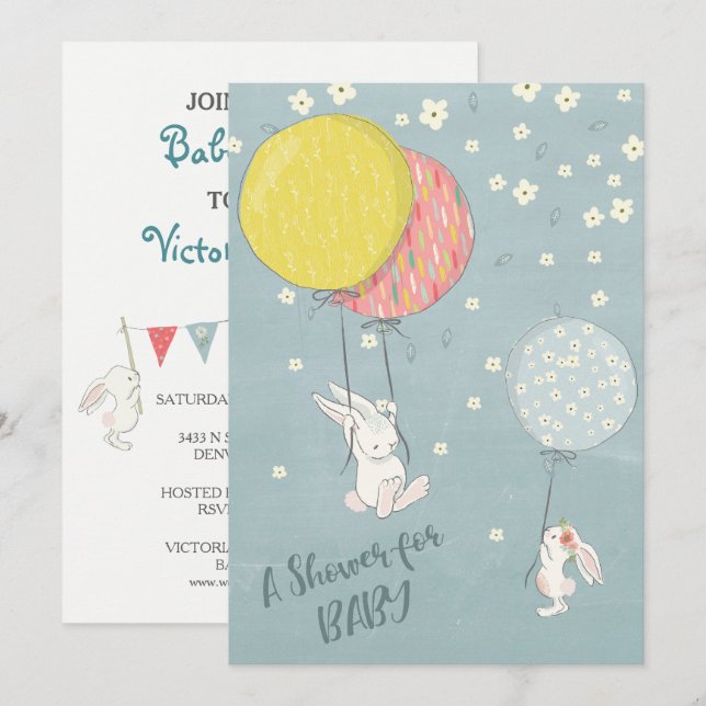 Whimsical Balloon Bunny Rabbits  Baby Shower Invitation (Front/Back)