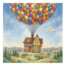 Whimsical Balloon House Watercolor Art Print