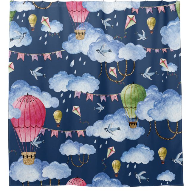 Whimsical Balloons: Watercolor Cloud Pattern Shower Curtain (Front)
