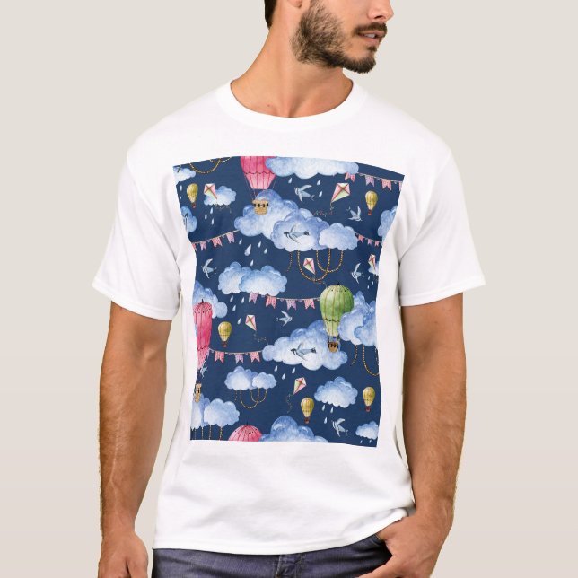 Whimsical Balloons: Watercolor Cloud Pattern T-Shirt (Front)