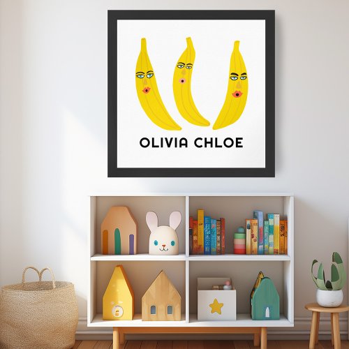 Whimsical Banana Trio CUSTOM BABY NAME Art Poster