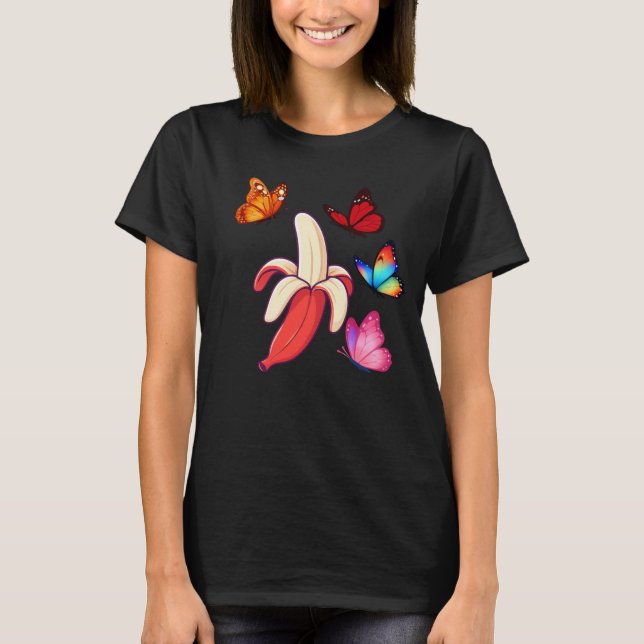 Whimsical Banana with Colorful Butterflies T-Shirt (Front)