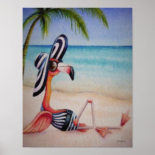 Whimsical Beach Babe Flamingo 1 Watercolor 11x14 Poster
