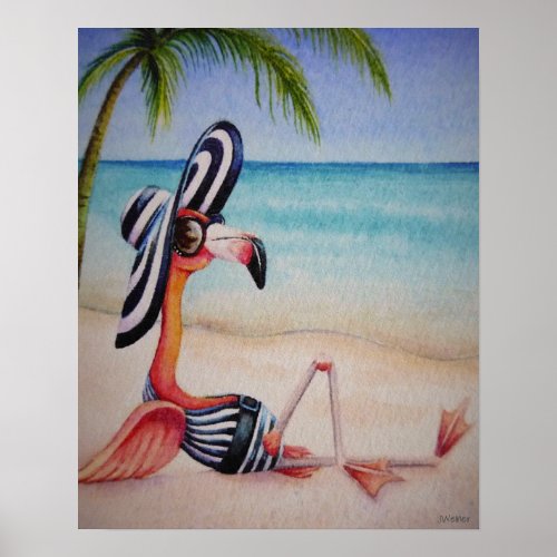 Whimsical Beach Babe Flamingo 1 Watercolor 16x20 Poster