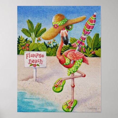 Whimsical Beach Babe Flamingo 2 Watercolor 11x14 Poster