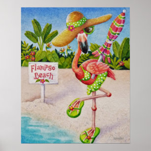 Whimsical Beach Babe Flamingo 2 Watercolor 16x20 Poster