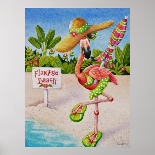 Whimsical Beach Babe Flamingo 2 Watercolor 18x24 Poster