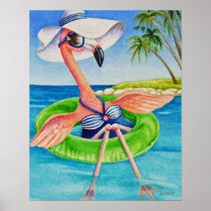 Whimsical Beach Babe Flamingo 3 Watercolor 16x20 Poster