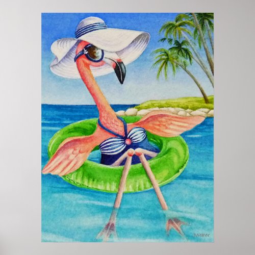 Whimsical Beach Babe Flamingo 3 Watercolor 18x24 Poster