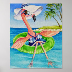 Whimsical Beach Babe Flamingo 3 Watercolor 8x10 Poster