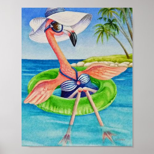 Whimsical Beach Babe Flamingo 3 Watercolor 8x10 Poster