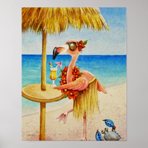 Whimsical Beach Babe Flamingo 4 Watercolor 11x14 Poster