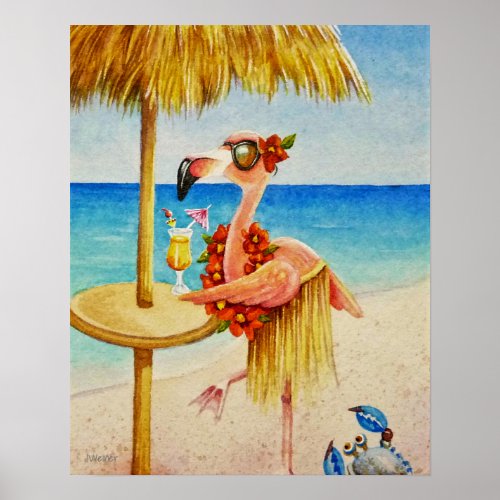 Whimsical Beach Babe Flamingo 4 Watercolor 16x20 Poster