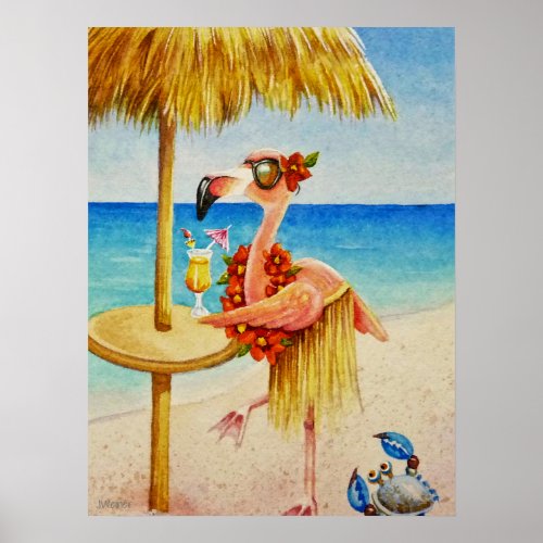 Whimsical Beach Babe Flamingo 4 Watercolor 18x24 Poster