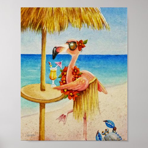 Whimsical Beach Babe Flamingo 4 Watercolor 8x10 Poster