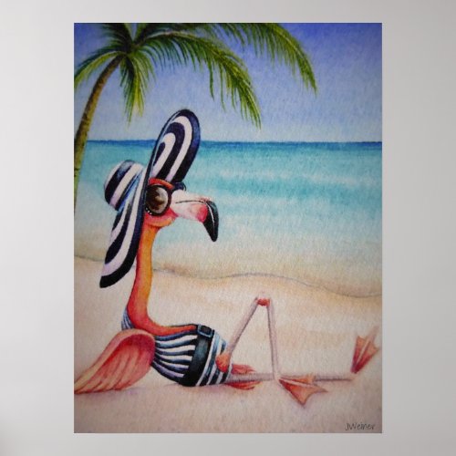 Whimsical Beach Babe Flamingo No 1 Art 18x24 Poster