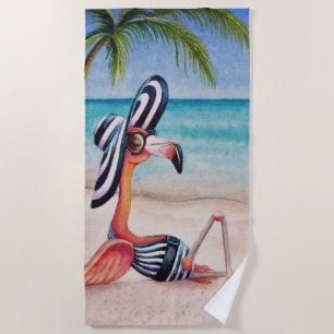 Whimsical Beach Babe Flamingo No. 1 Watercolor Art Beach Towel