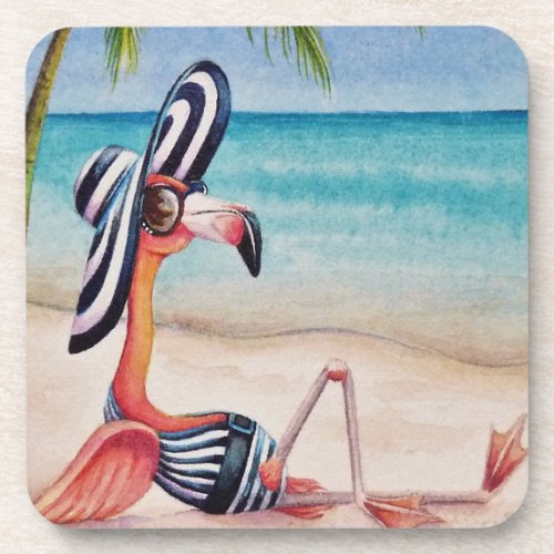 Whimsical Beach Babe Flamingo No 1 Watercolor Art Beverage Coaster