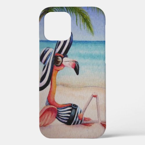 Whimsical Beach Babe Flamingo No 1 Watercolor Art iPhone 12 Case