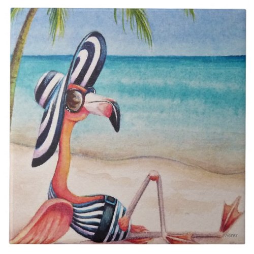 Whimsical Beach Babe Flamingo No 1 Watercolor Art Ceramic Tile