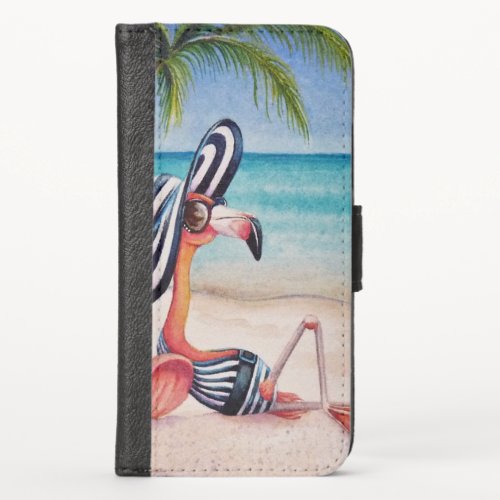 Whimsical Beach Babe Flamingo No 1 Watercolor Art iPhone X Wallet Case