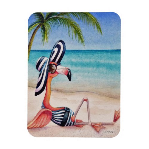 Whimsical Beach Babe Flamingo No 1 Watercolor Art Magnet
