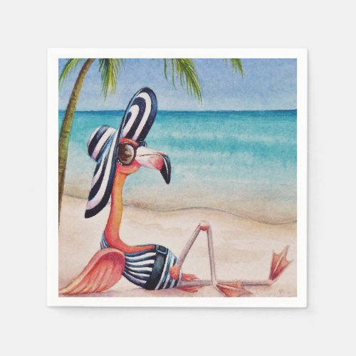 Whimsical Beach Babe Flamingo No 1 Watercolor Art Napkins