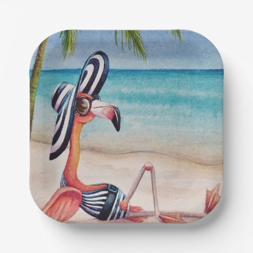 Whimsical Beach Babe Flamingo No 1 Watercolor Art Paper Plates