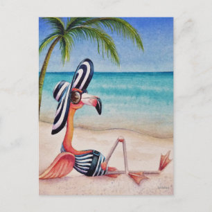 Whimsical Beach Babe Flamingo No. 1 Watercolor Art Postcard