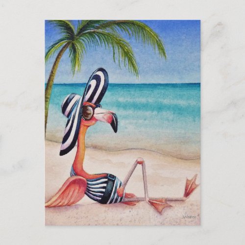 Whimsical Beach Babe Flamingo No 1 Watercolor Art Postcard