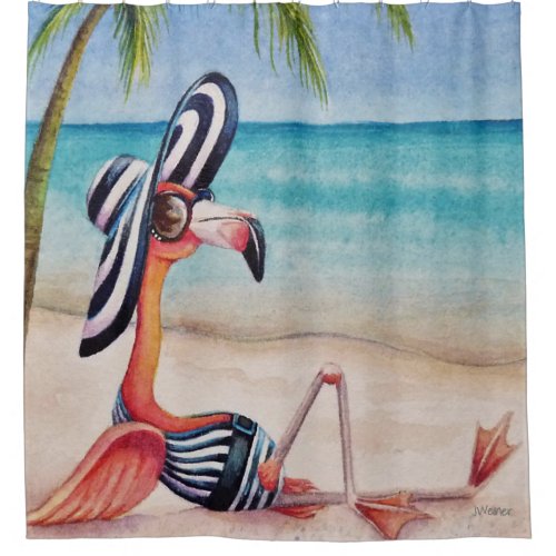 Whimsical Beach Babe Flamingo No 1 Watercolor Art Shower Curtain