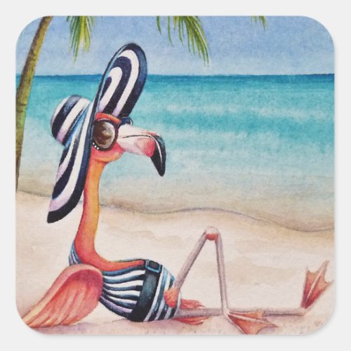 Whimsical Beach Babe Flamingo No 1 Watercolor Art Square Sticker